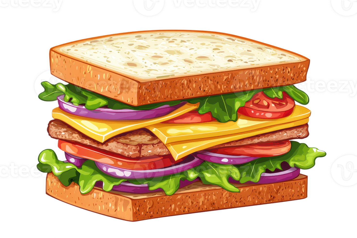 Illustration of a delicious sandwich with lettuce, tomato, meat, and cheese between two slices of bread. Ideal for food-related content. png
