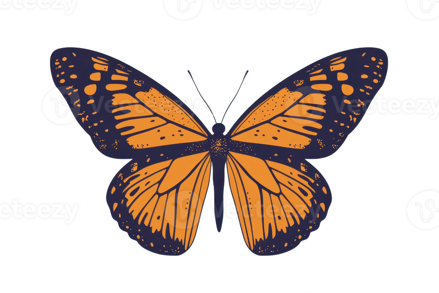Illustration of a vibrant monarch butterfly with detailed orange and black wings, showcasing intricate patterns and natural beauty in flight. png