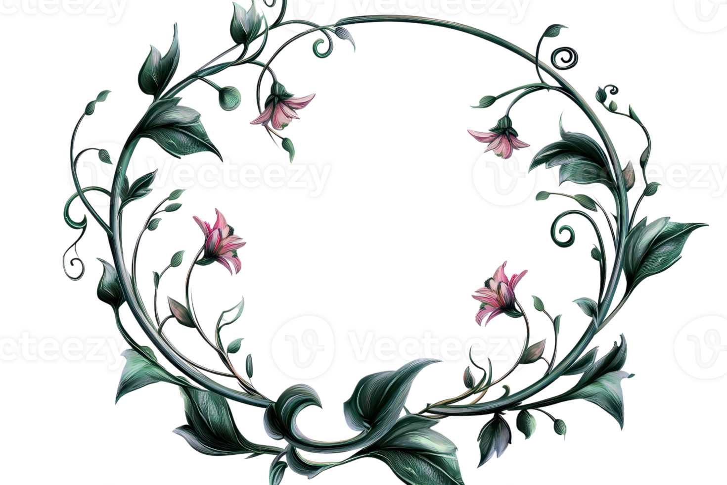Intricate floral vine wreath with pink blossoms and green leaves. Elegant ornament for decorative design and creative projects. png