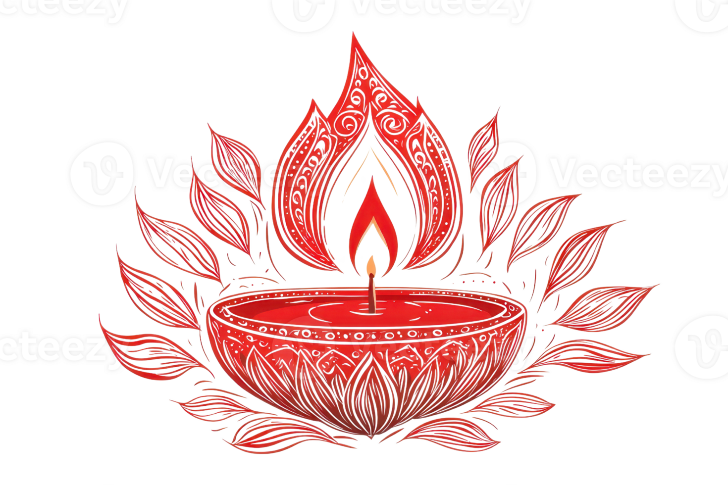 Intricate design of a decorative red diya lamp with floral patterns, symbolizing light and festivity in traditional celebrations. png