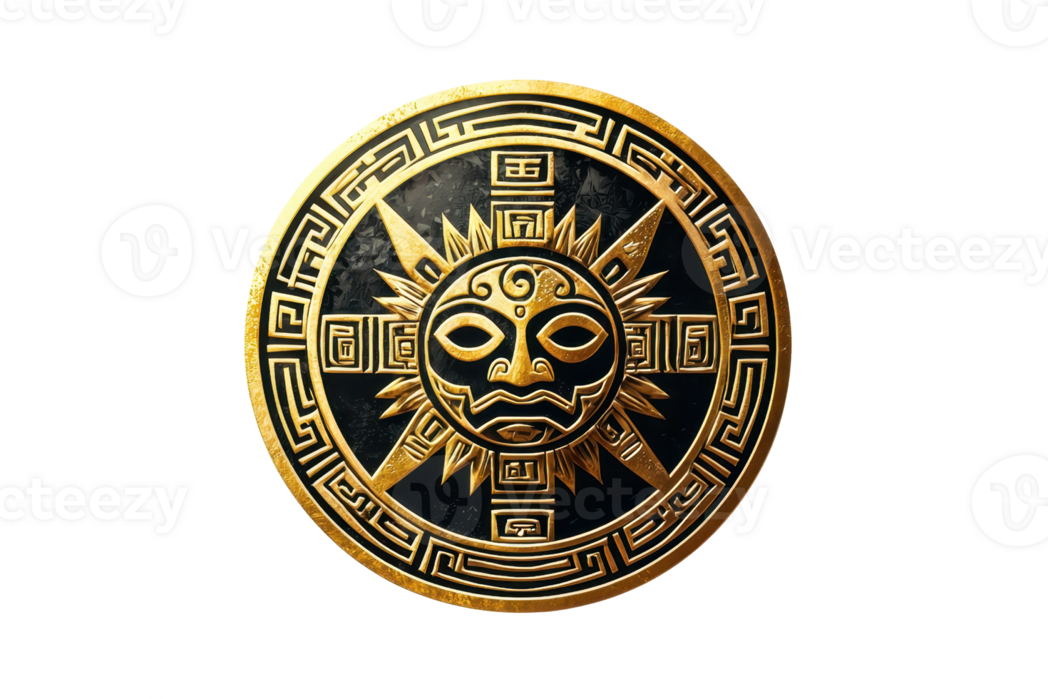 Intricate golden Aztec sun emblem with tribal patterns, showcasing ancient cultural artistry and craftsmanship on a dark background. png