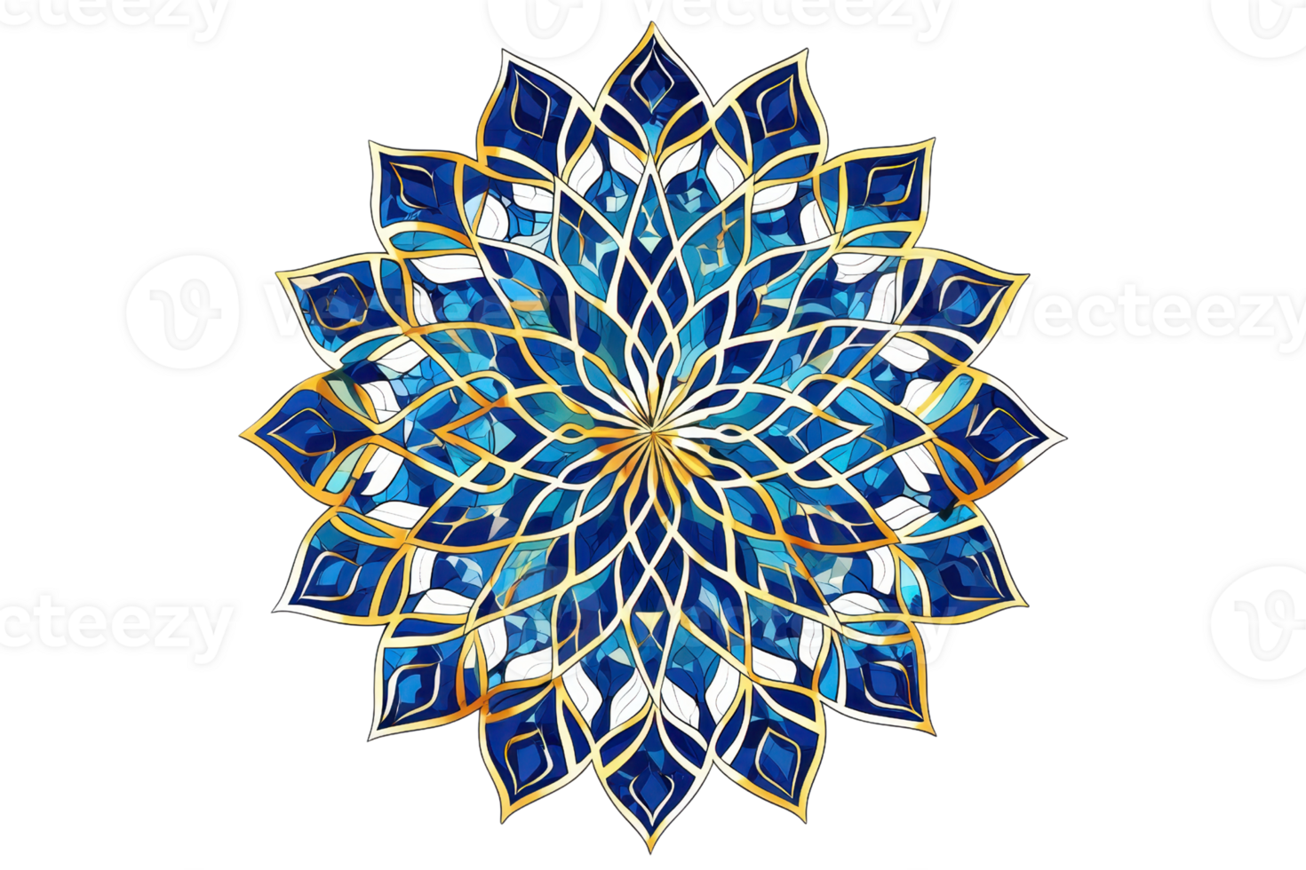 Intricate blue and gold mandala design with geometric patterns, perfect for decoration and art inspiration in a spiritual context. png