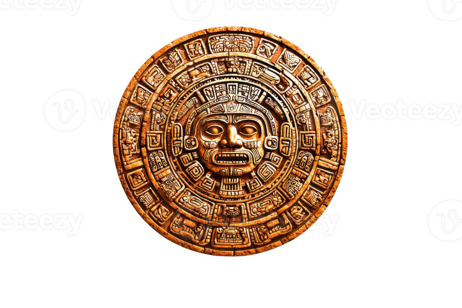 Intricate ancient Aztec calendar stone in detailed carving, showcasing cultural artistry and historic symbolism against a transparent background. png
