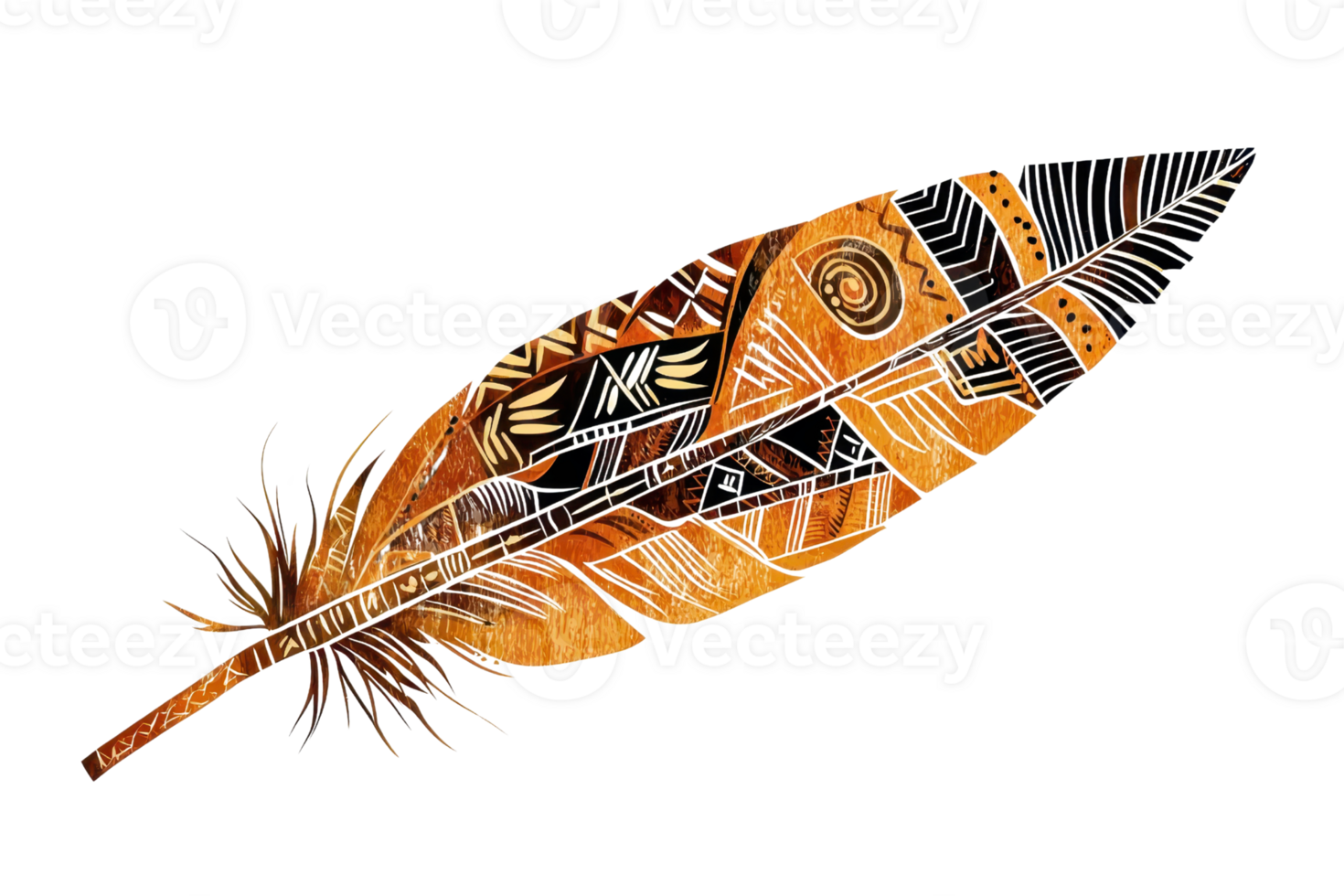 Intricately designed tribal feather art with bold patterns and vibrant colors, symbolizing culture, tradition, and artistic creativity. png