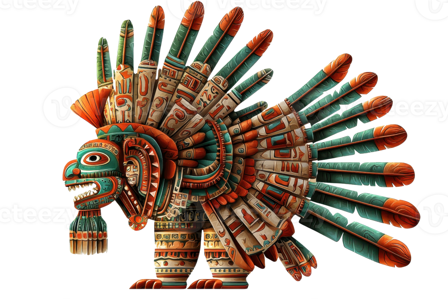 Intricate digital rendering of an Aztec-inspired multicolor feathered creature, showcasing cultural artistry and detailed ornamentation. png