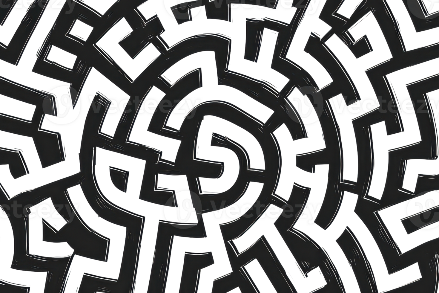 Intricate circular maze pattern in black and white, perfect for abstract backgrounds or puzzle themed projects. png