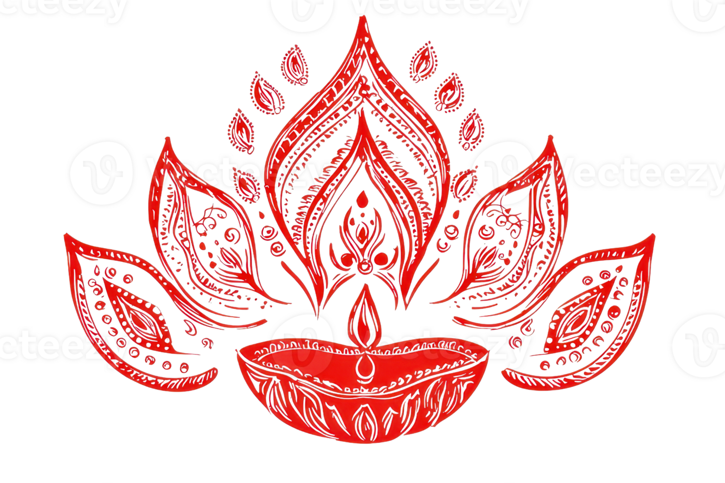 Intricate red Diwali lamp design with lotus petals, symbolizing light and prosperity, ideal for festive decor and cultural celebrations. png