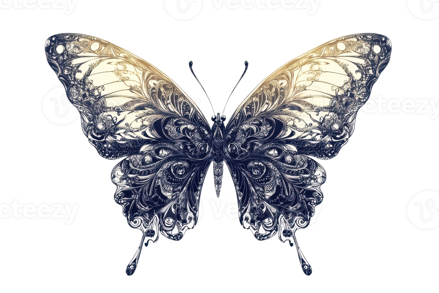 Intricate monochrome butterfly with elegant floral patterns on wings, showcasing stunning detail and symmetry in nature-inspired design. png