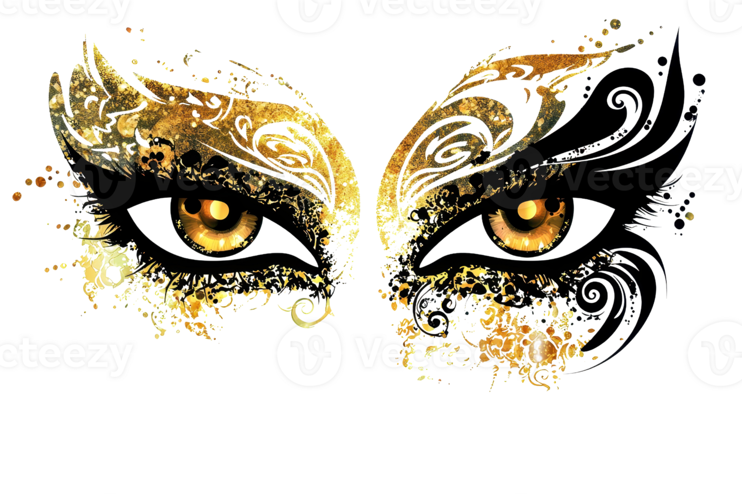 Intricate golden masquerade mask with ornate patterns and enchanting eyes, conveying mystery and elegance, perfect for festive occasions. png