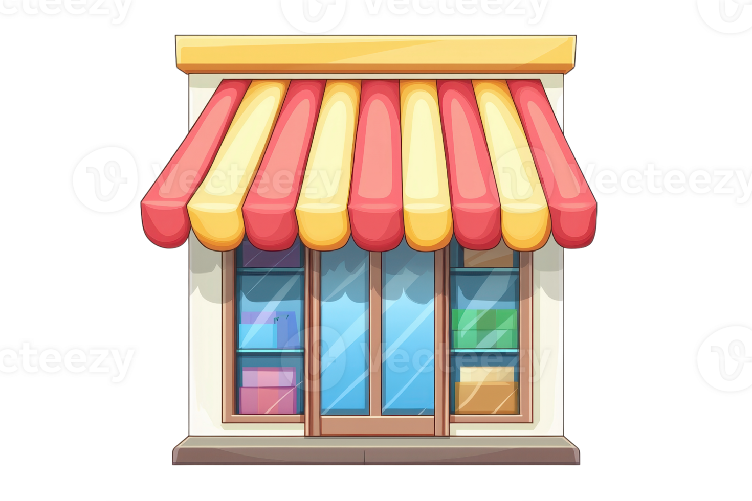 Illustrated storefront with colorful awning, inviting window display, perfect for representing shopping and retail themes in graphics. png