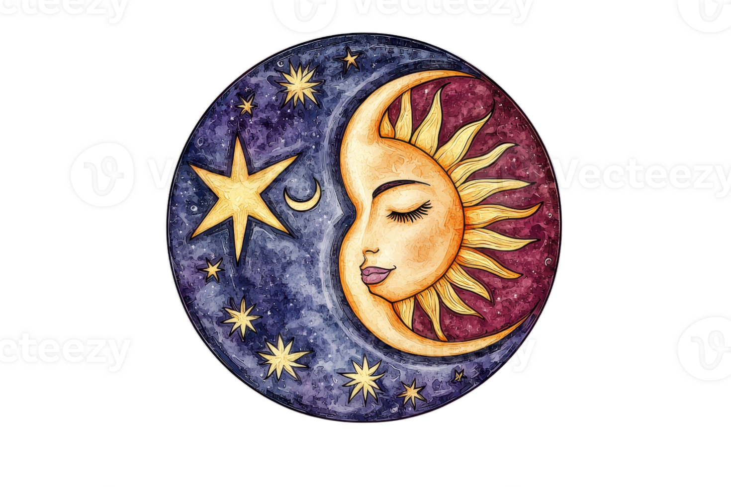 Illustrated celestial design featuring a sun and moon theme, harmonizing day and night with artistic flair and cosmic symbolism. png
