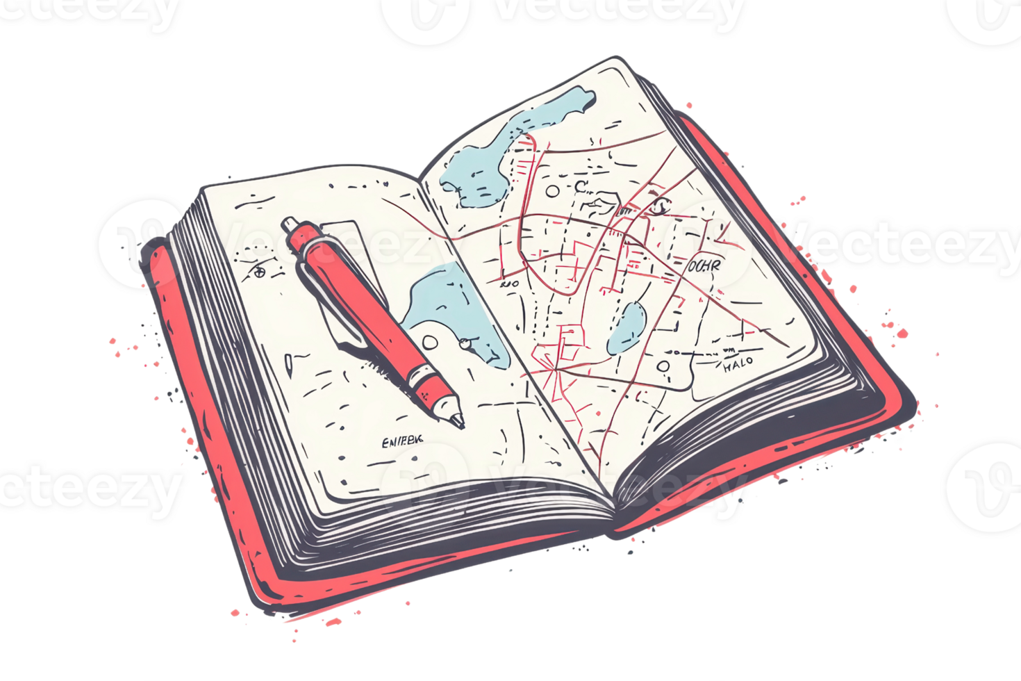 Illustrated open travel journal with a map and a red pen, symbolizing planning, exploration, and adventures awaiting discovery. png