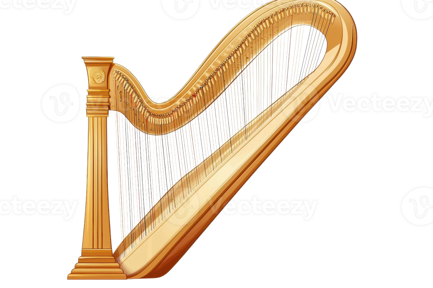 Illustration of a golden harp with intricate strings, showcasing elegance and musical artistry against a simple background. png