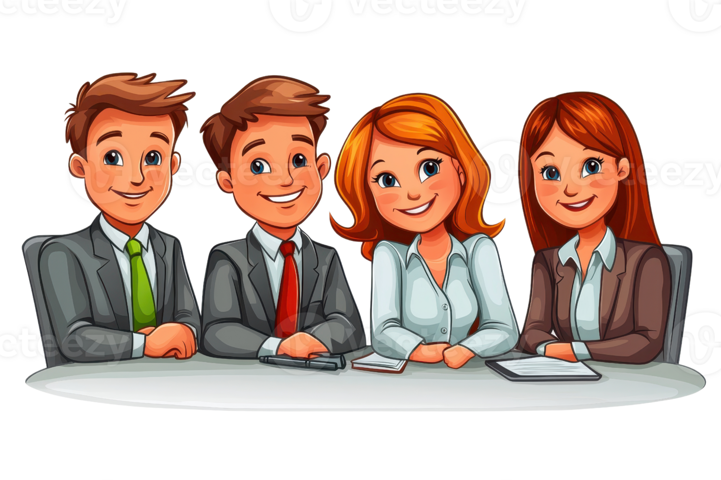 Illustration of a cheerful business team of four sitting at a table, professionally dressed and smiling, ready for a meeting. png