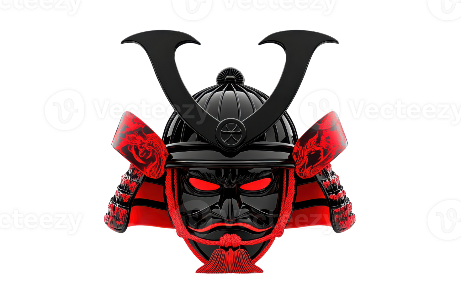 Illustration of a traditional samurai helmet with fierce red eyes, showcasing strength and warrior spirit in dynamic design. png