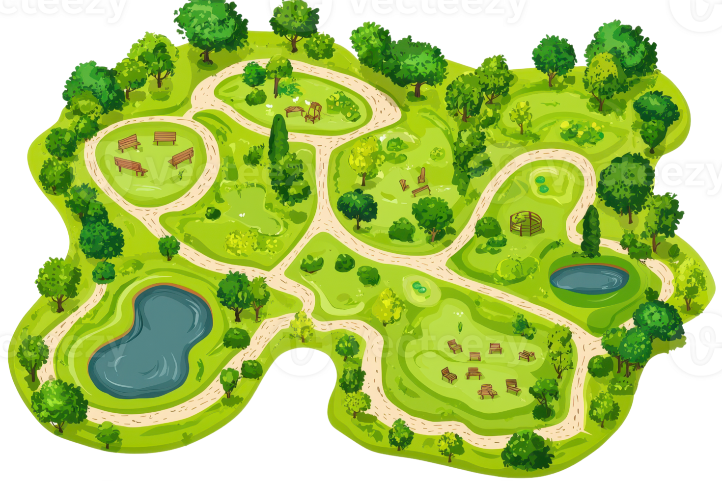 Illustrated aerial view of a vibrant park scene, featuring lush greenery, winding paths, and tranquil ponds for a relaxing outdoor experience. png