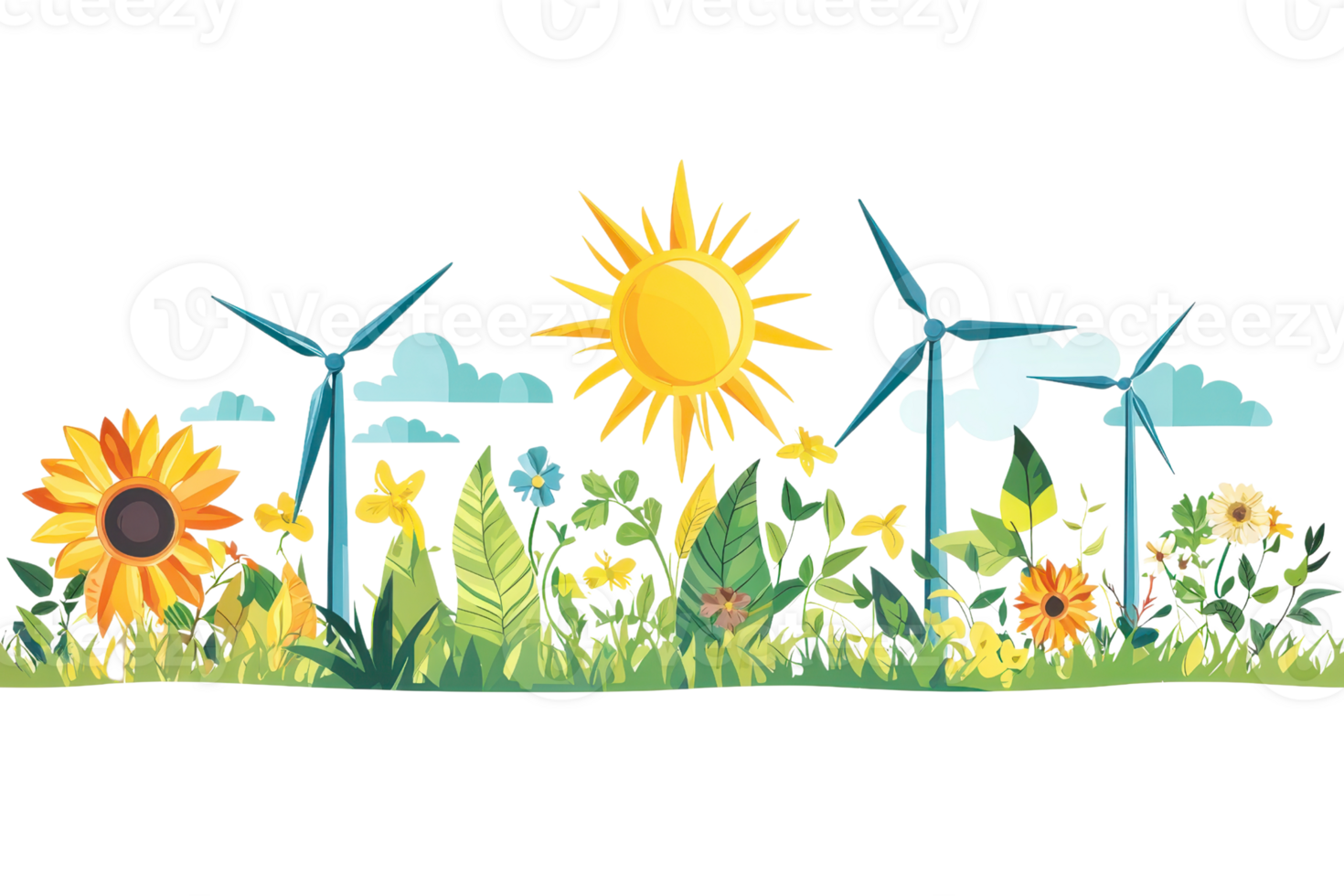 Illustration of wind turbines and sunflowers against a blue sky, symbolizing renewable energy and nature's harmony. png