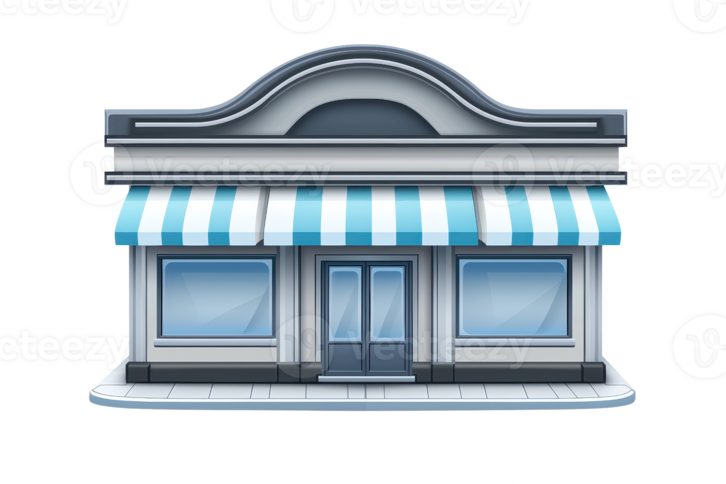 Illustration of a small storefront with a striped awning, blue windows, and a double door entrance. Perfect for retail and business themes. png