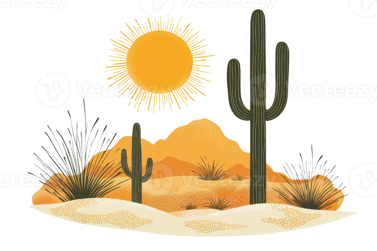 Illustration of a sunny desert landscape with cacti and bushes, under a bright sun. Ideal for nature, travel, or summer-themed designs. png