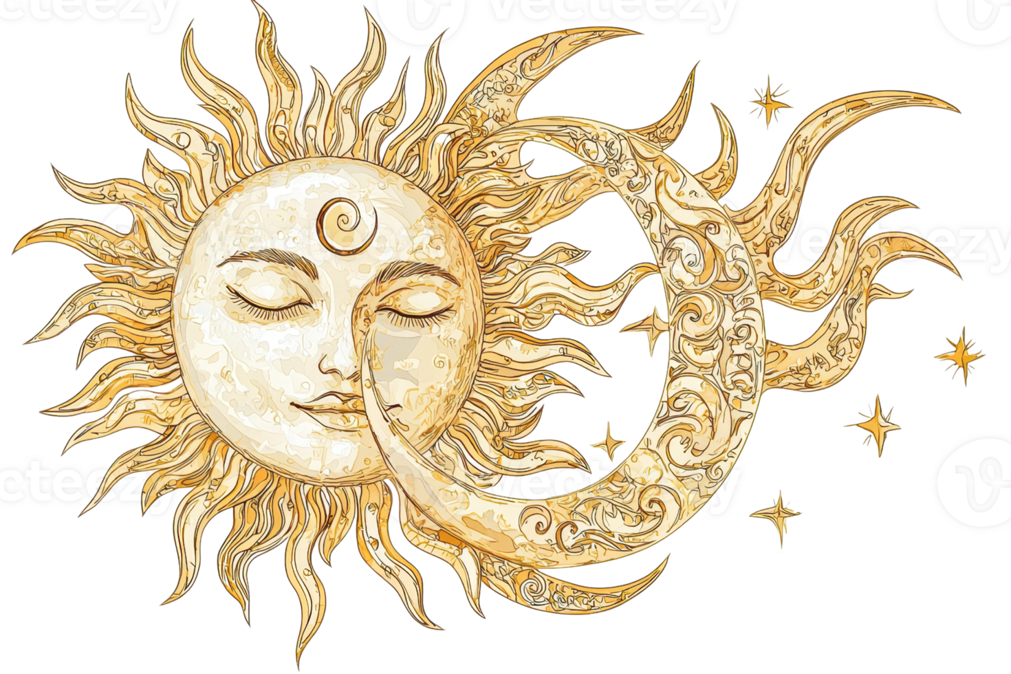 Illustration of a celestial sun and moon with ornate details, symbolizing cosmic harmony and balance in a mystical artistic style. png