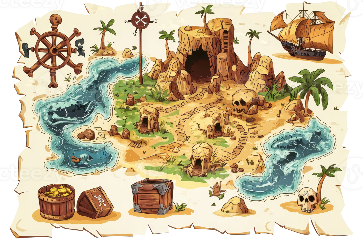 Illustrated treasure map with islands, pirate ship, and hidden paths. Perfect for adventure-themed designs or storytelling visuals. png