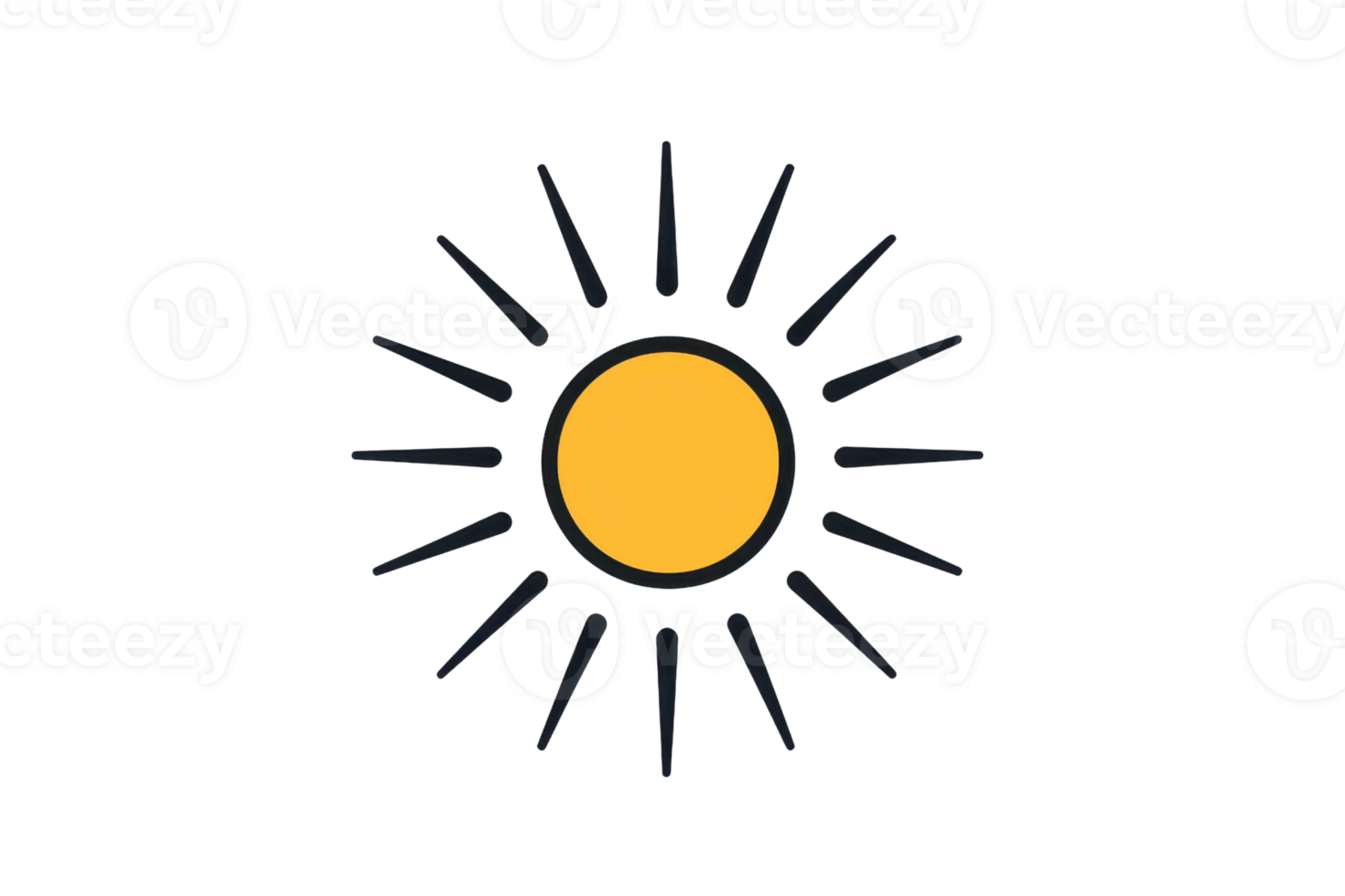 Simple illustration of a sun icon with a bright yellow center and stylized black rays, representing sunshine and warmth. png