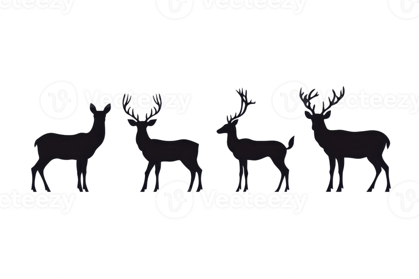 Silhouette of four deer with antlers facing different directions on a transparent background. reflecting wildlife and nature themes. png