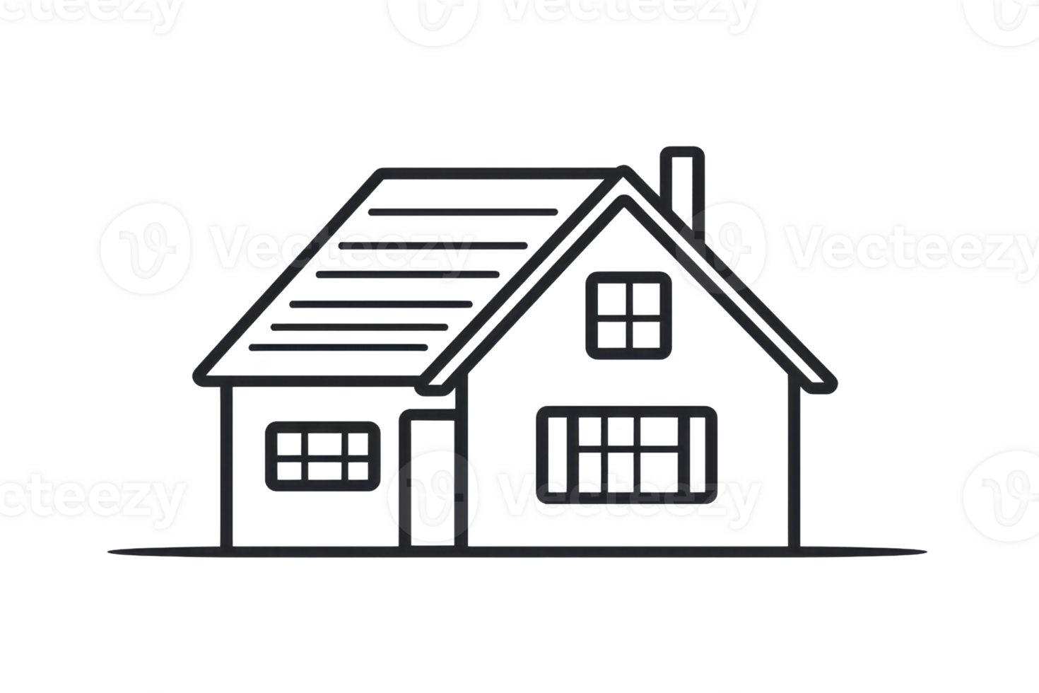 Minimalist black and white line drawing of a house with clean architectural lines, featuring windows and a garage. Perfect for design concepts. png