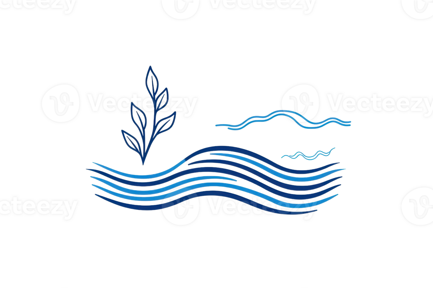Minimalist blue wave icon with leaf design, symbolizing nature and water harmony, ideal for eco-friendly branding and environmental themes. png