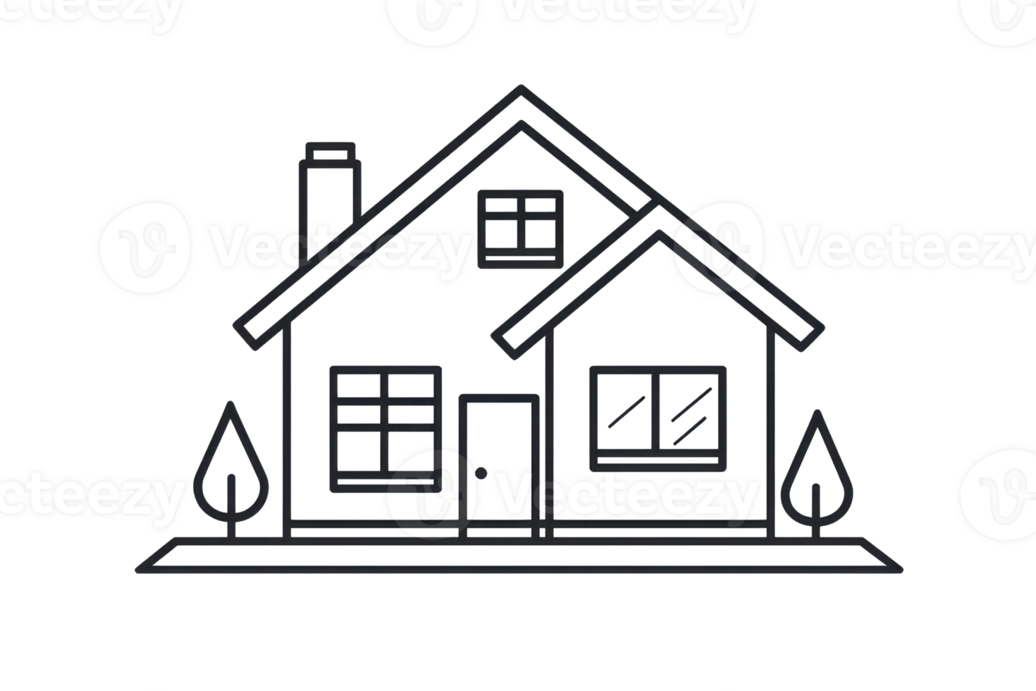 Minimalist outline of a house with triangular roof, windows, door, and trees. Ideal for real estate, architecture, or home design concepts. png