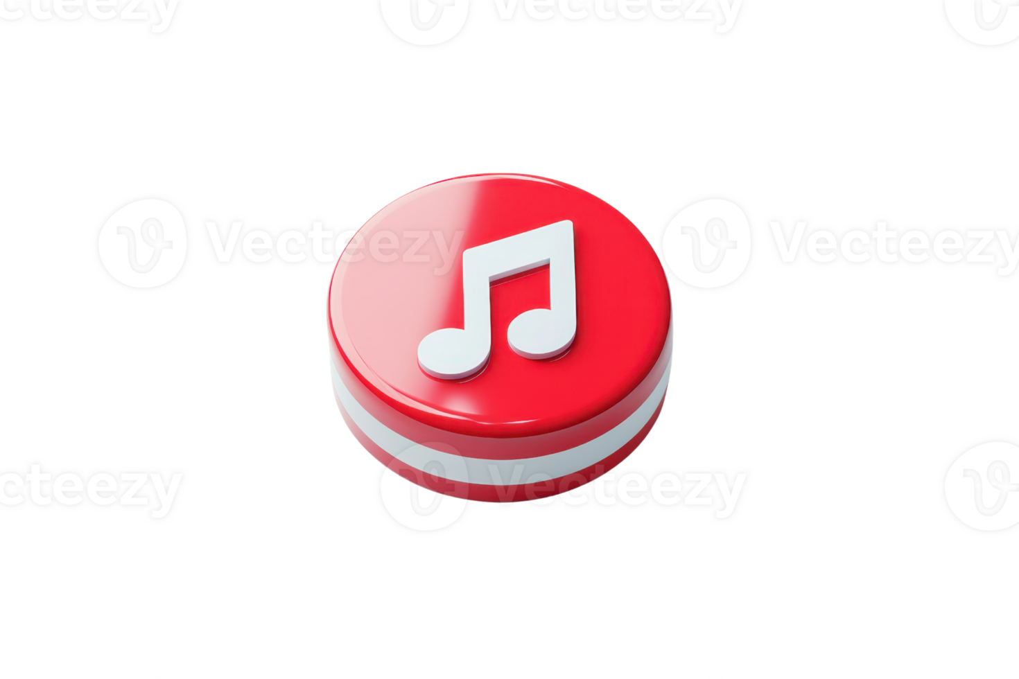 Red glossy music button with a white note symbol on it. Perfect for music app icons, media player interfaces, and audio-related designs. png