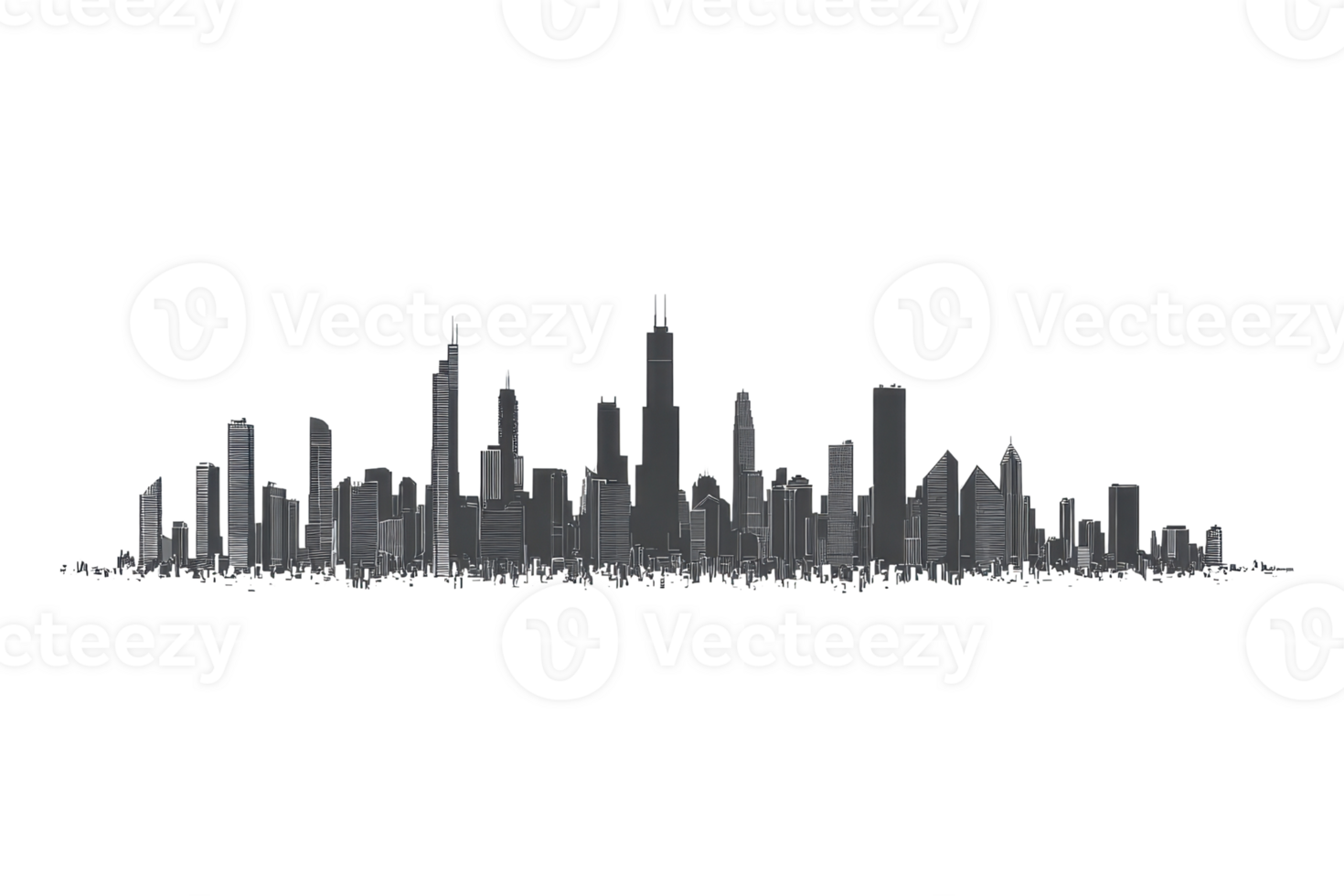 Silhouette of a modern city skyline against a clear sky, featuring skyscrapers and urban architecture in gray tones. png