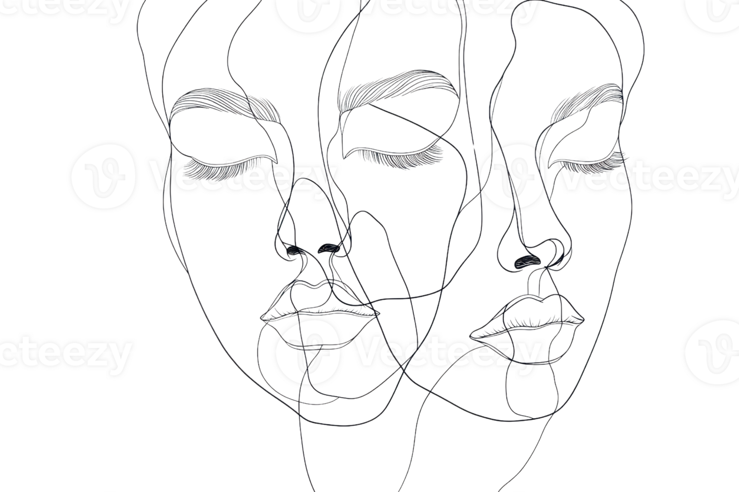 Minimalist line art featuring abstract overlapping faces, showcasing modern artistic expression and creative design. png