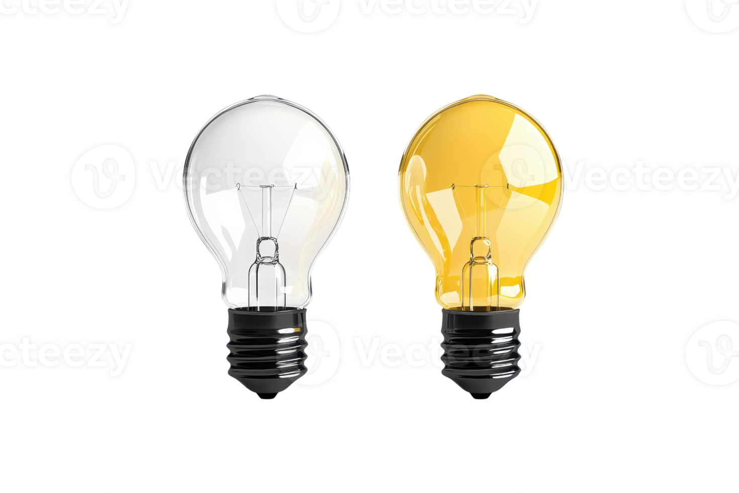 Side by side comparison of a traditional clear light bulb and a modern amber LED bulb, showcasing energy efficiency and design contrast. png