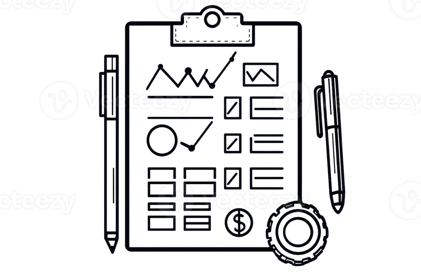 Minimalist black and white illustration of a clipboard with charts, graphs, and pens, ideal for business or educational use. png