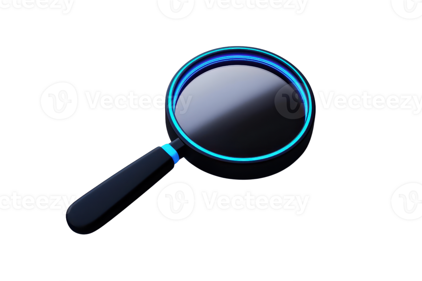 Modern digital magnifying glass with neon blue accents on a black handle, symbolizing search and exploration in technology. png