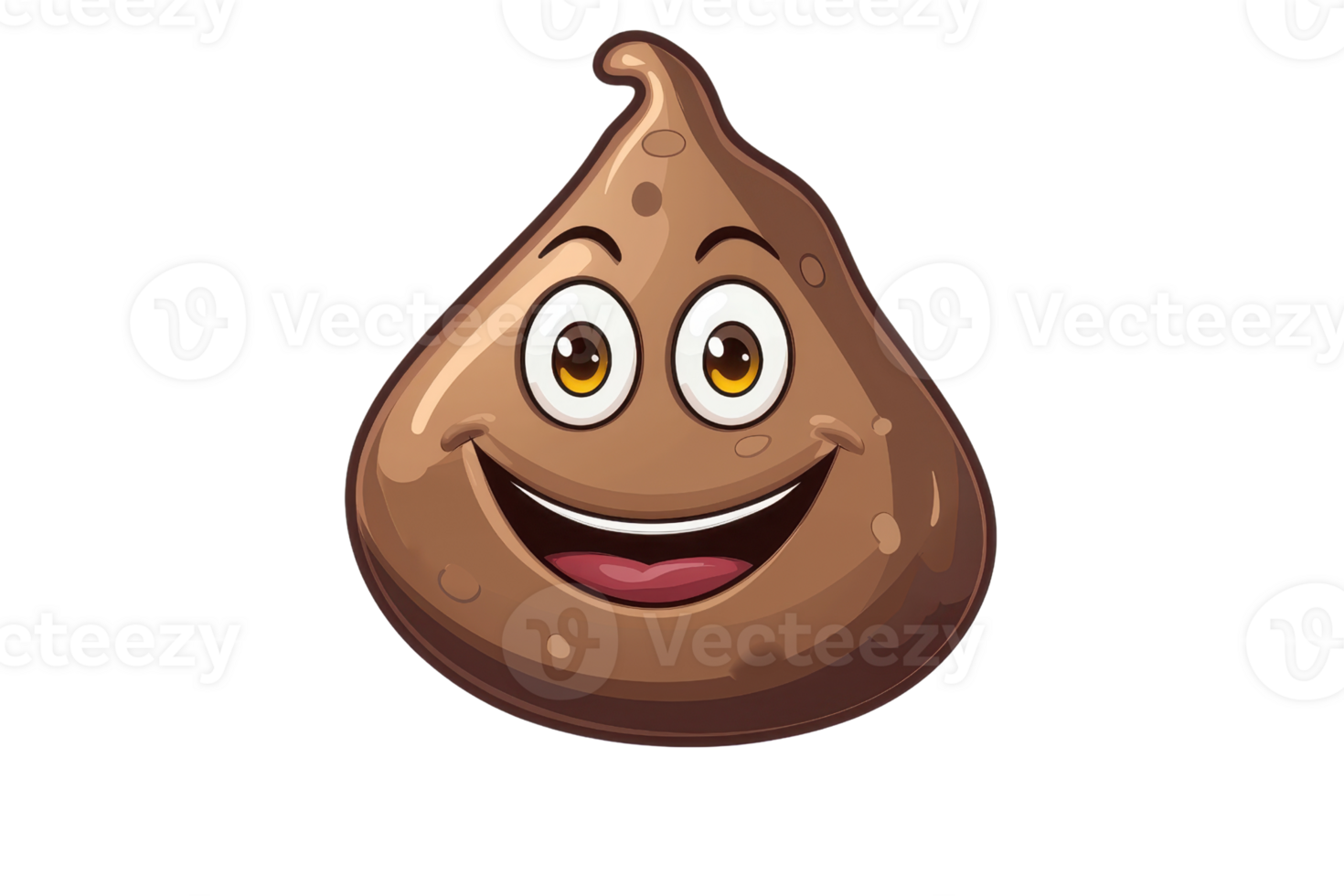 Smiling chocolate drop cartoon character with expressive eyes and friendly grin, isolated on a transparent background. perfect for playful designs. png
