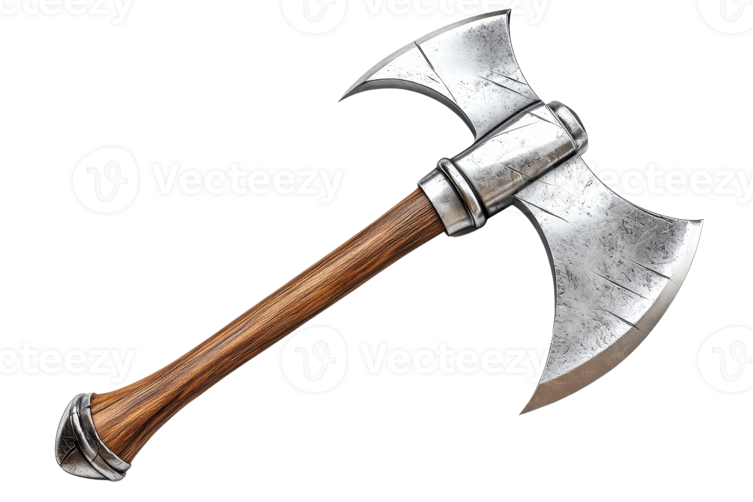 Medieval double-bladed axe with wooden handle, isolated on white. Perfect for historical, fantasy, or combat-themed designs. png