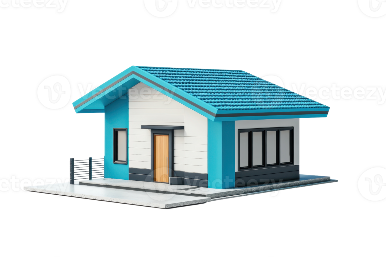 Modern small house with blue roof and white siding, featuring a cozy porch and large windows, isolated on transparent background. Ideal for projects. png