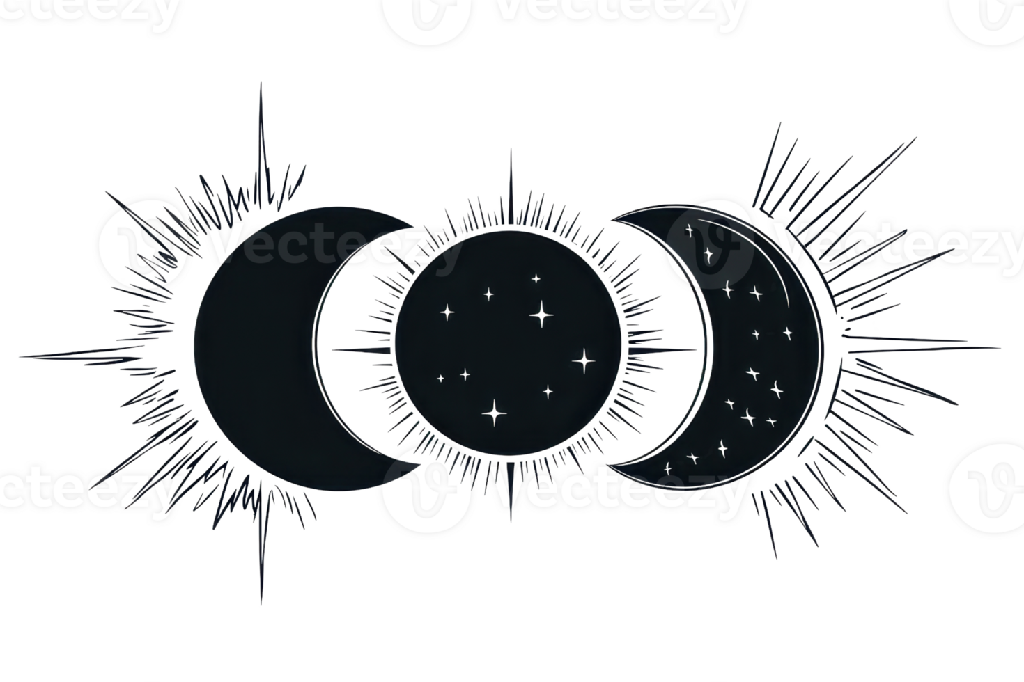 Mystical moon phase illustration with stars and radiant symbols. Ideal for spiritual, cosmic, or astrological themes. png