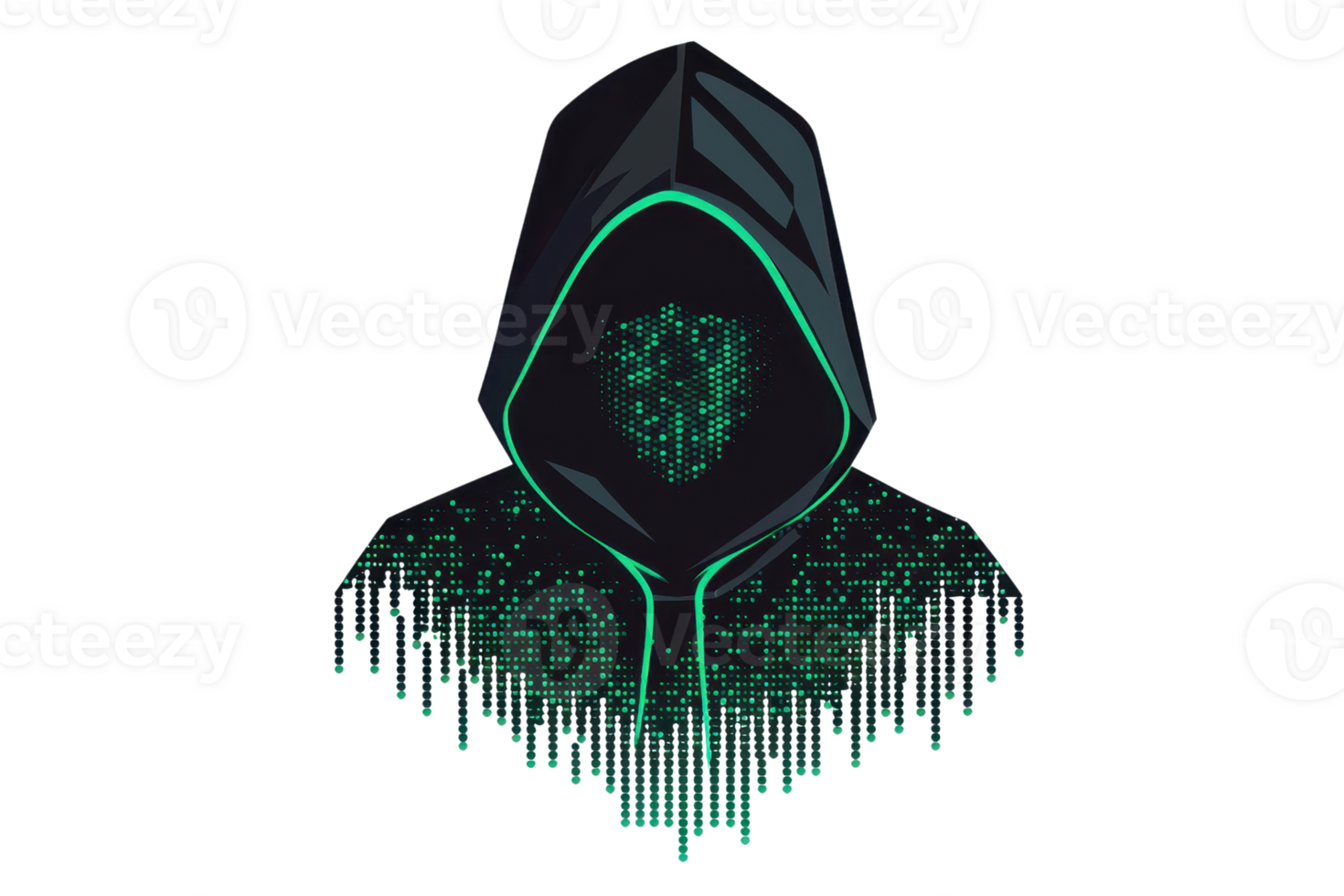 Mysterious digital figure in a hooded cloak with a heart-shaped matrix face, symbolizing cyber security and digital anonymity. png