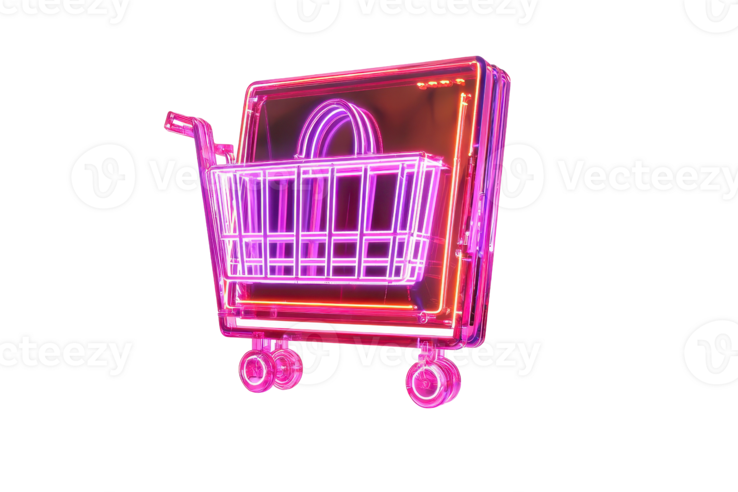 Neon shopping cart with purple and pink hues, representing modern online shopping and e-commerce platforms. Futuristic and vibrant design. png
