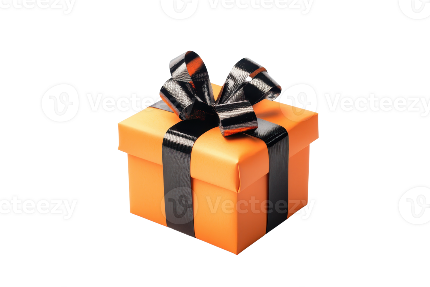 Orange gift box with a black ribbon bow, perfect for festive celebrations, holidays, or special occasions. Isolated on transparent background. png