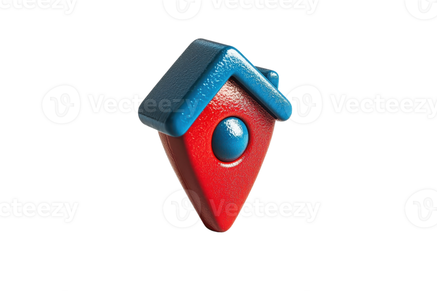 Red and blue 3D navigation pin icon resembling a house, representing location and direction in digital maps, isolated on transparent background. png