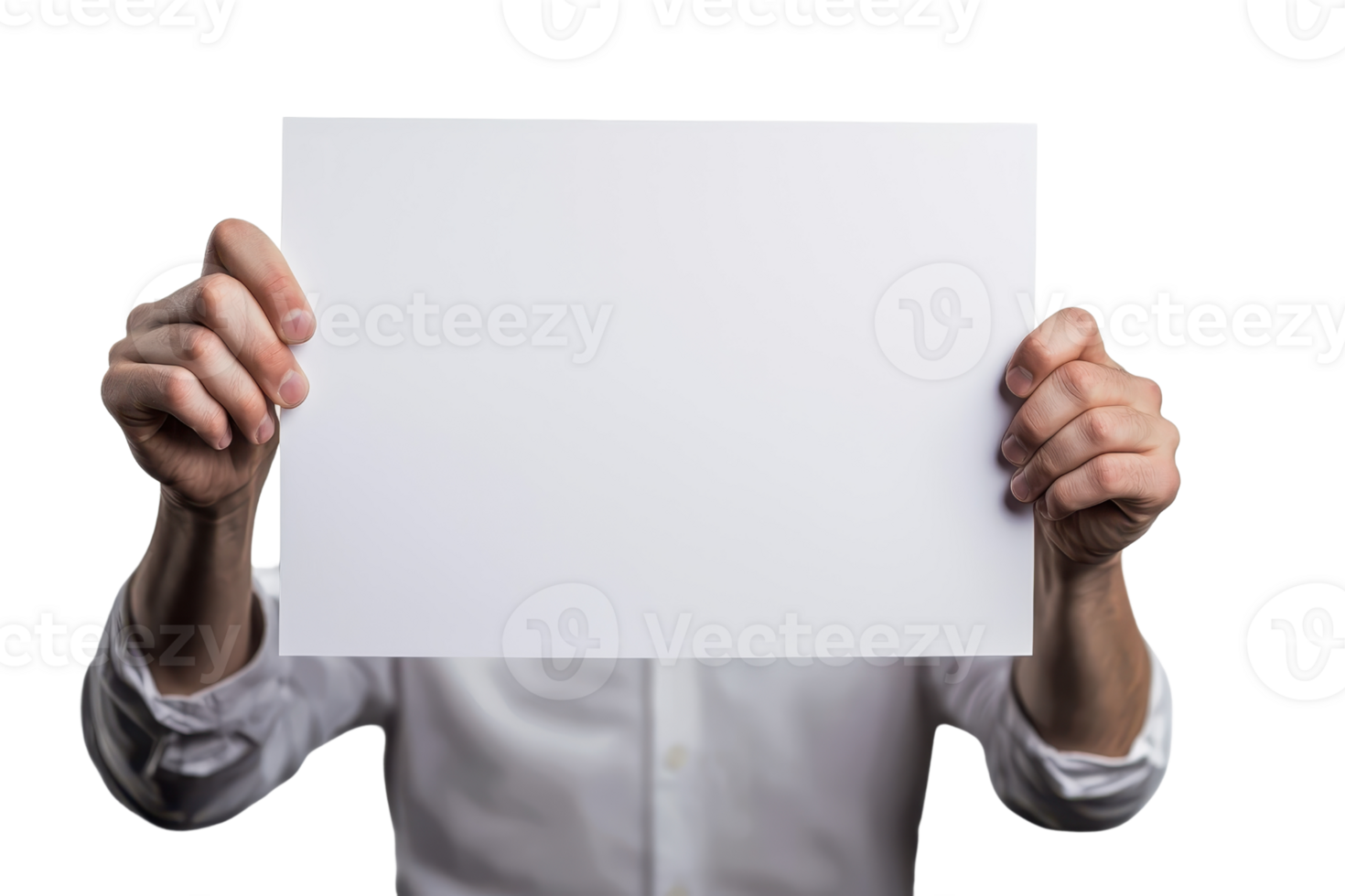 Person holding a blank white sheet of paper, offering a space for text or advertisement, against plain background. png