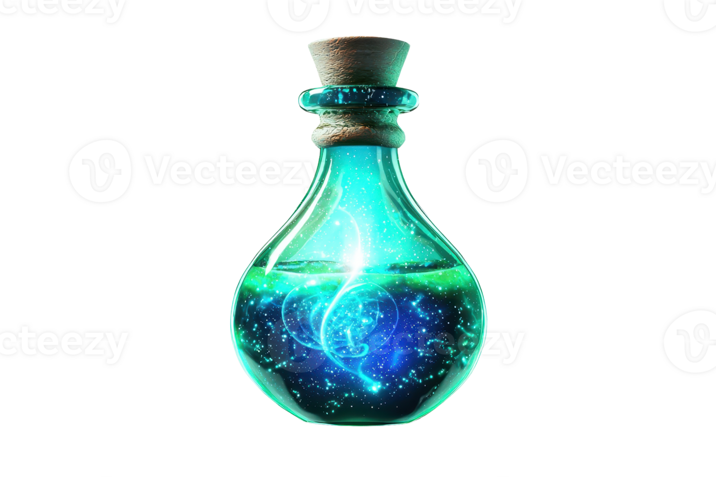 Mystical glowing potion bottle filled with swirling blue and green liquid, encapsulating a magical essence. Ideal for fantasy themes. png