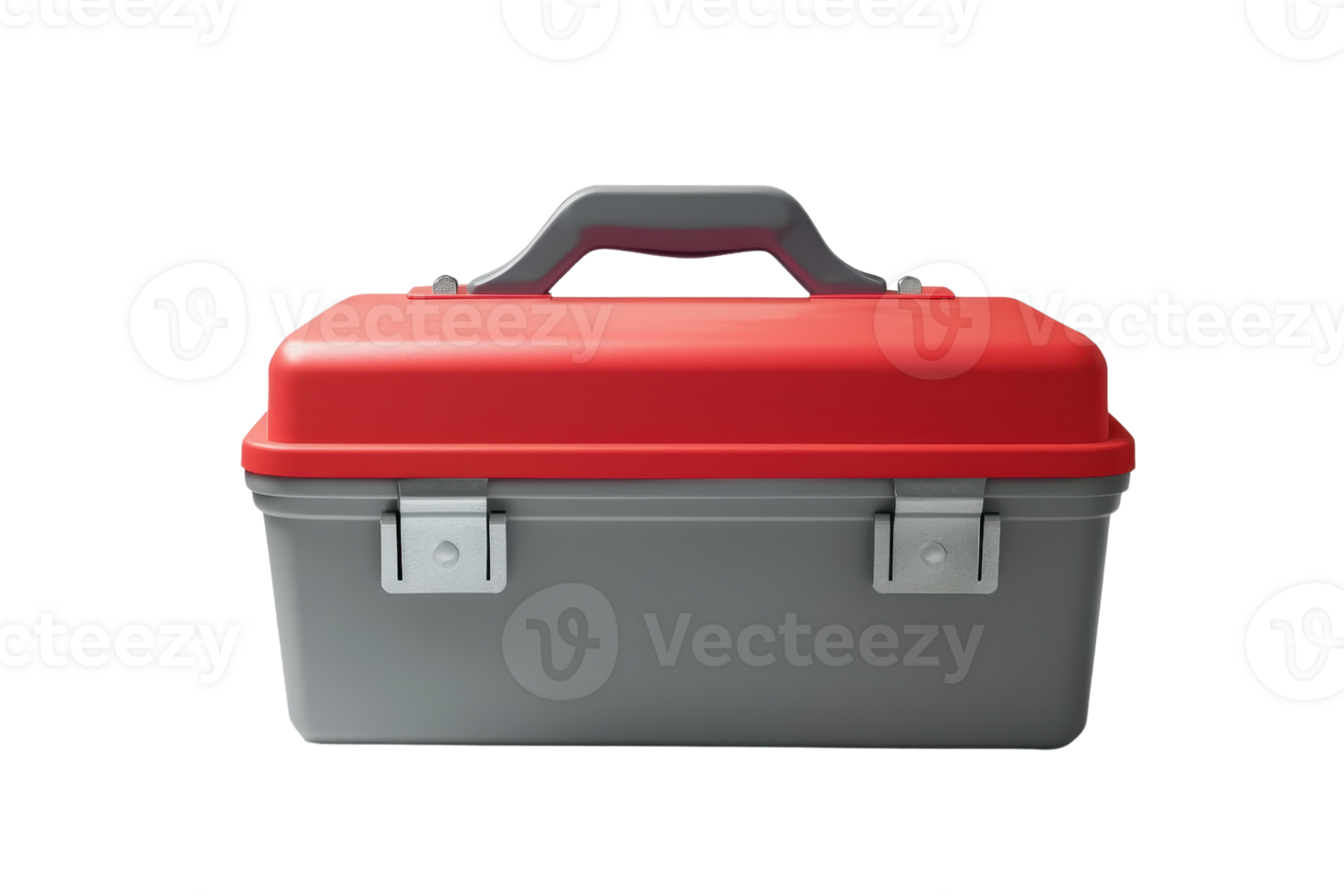 Red and grey toolbox with handle and secure latches, perfect for organizing tools and equipment. Ideal for home, garage, or professional use. png
