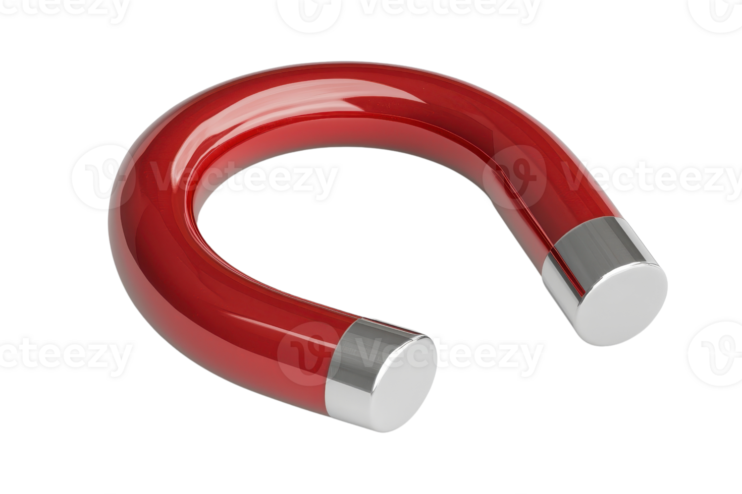 Red U-shaped magnet with metallic ends isolated on transparent background. symbolizing attraction and magnetism, ideal for educational concepts. png