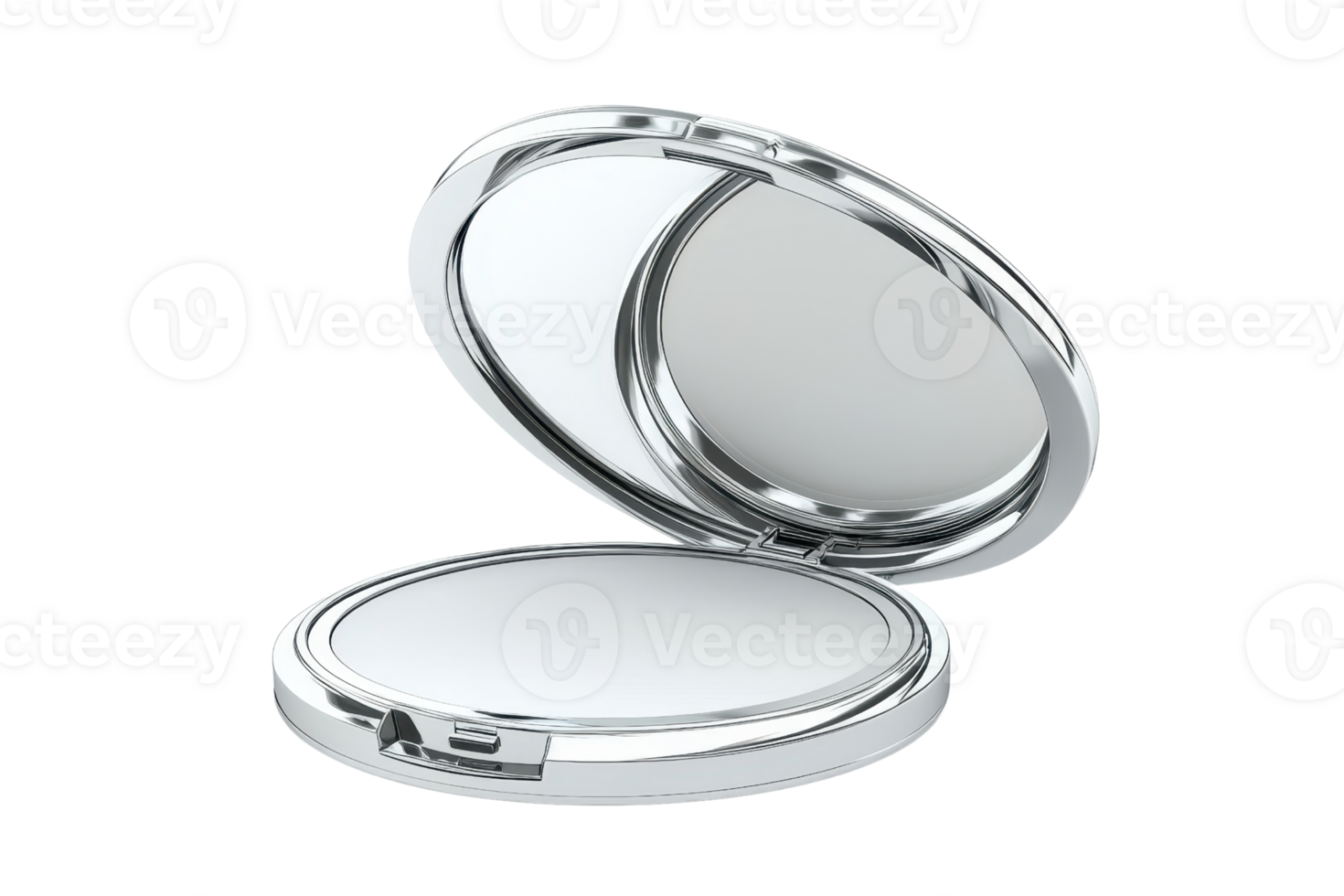 Shiny silver compact mirror open with a smooth reflective surface, perfect for makeup touch-ups and travel use on a clean transparent background. png