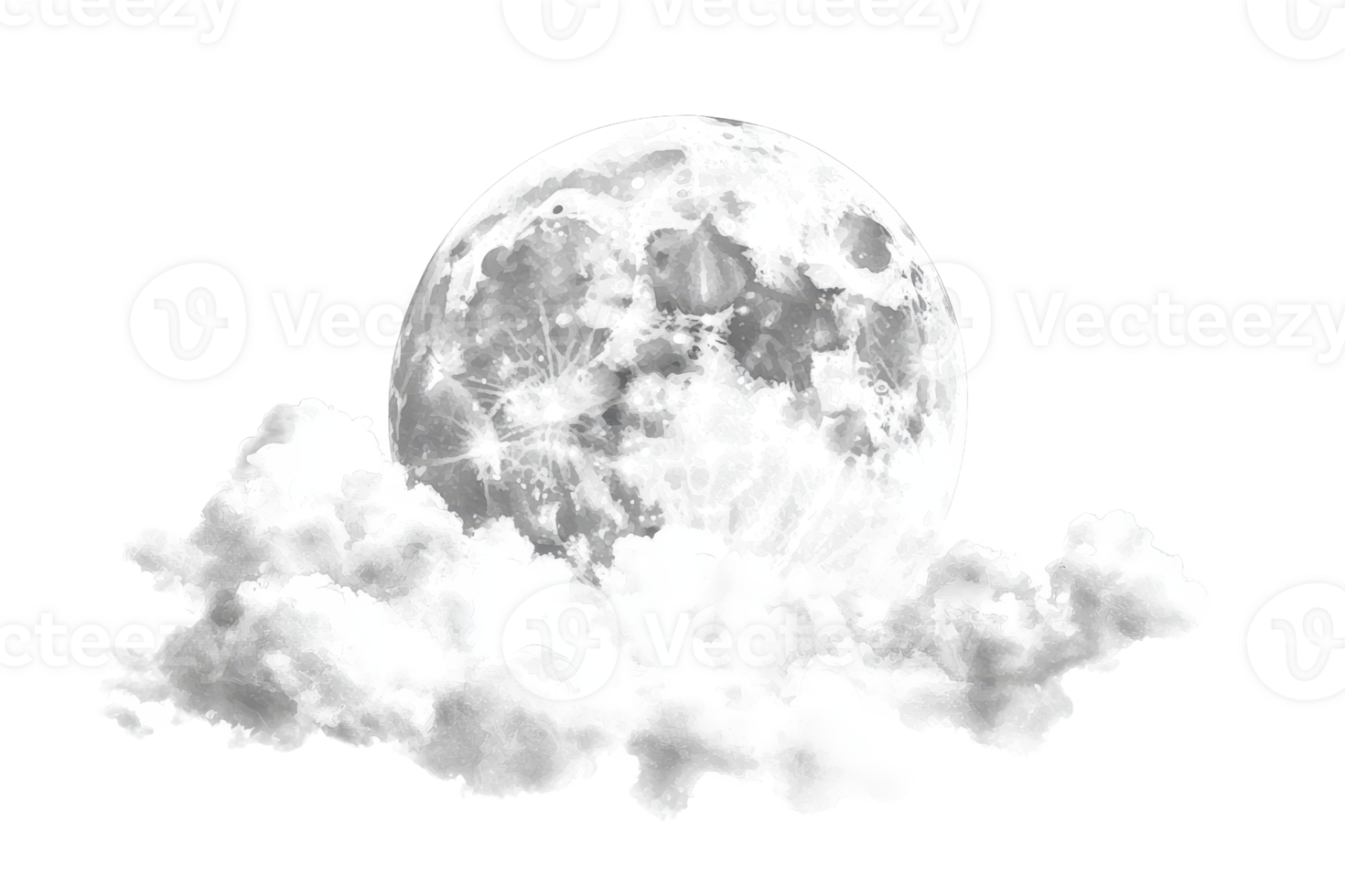 Serene night sky with a full moon partially covered by fluffy clouds, creating a tranquil and dreamy atmosphere. png